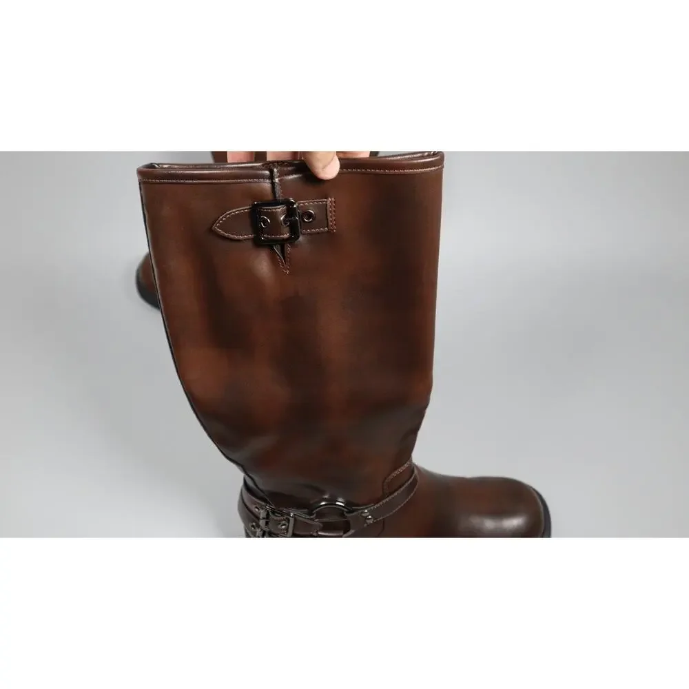 AMINUGAL Brown Knee High Boots Women Wide Calf Buckle Riding Boots Size 9.5